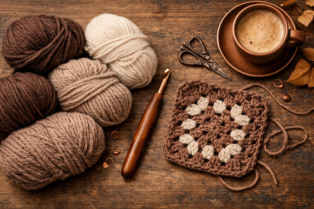 Cozy flat-lay of a crochet hook with skeins of natural-fiber yarn in mocha and cream, plus a half-finished granny square and a coffee cup.