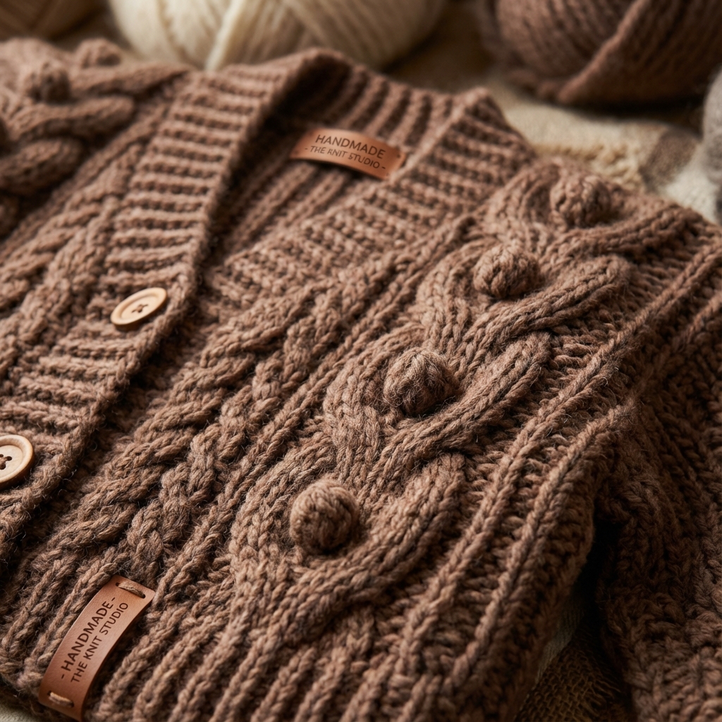 Close-up of a chunky ribbed cardigan or throw blanket in Pantone’s Mocha Mousse (17-1230) showing cable and bobble stitches.