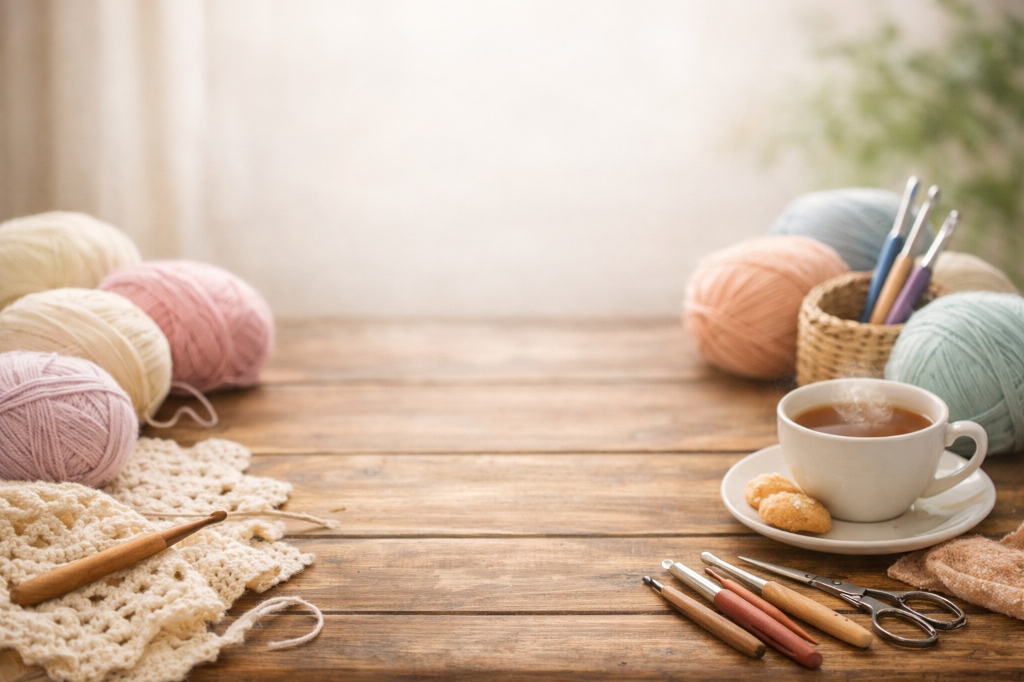 Cozy crochet workspace featuring pastel yarn balls, ergonomic crochet hooks, and a steaming cup of tea — representing the community and creativity of independent crochet creators in 2026.